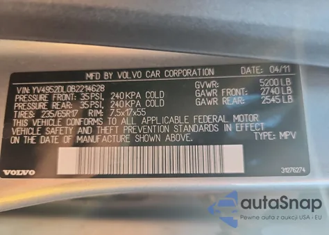 2011 Volvo Xc60 3.2 из США, поврежденный, VIN YV4952DL0B2214628